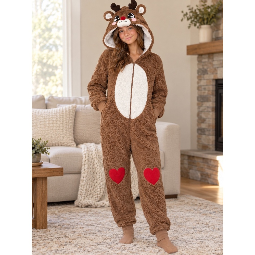 Weekend Edition Teen Girls Reindeer Sherpa Onesie Pajamas Size M Costume